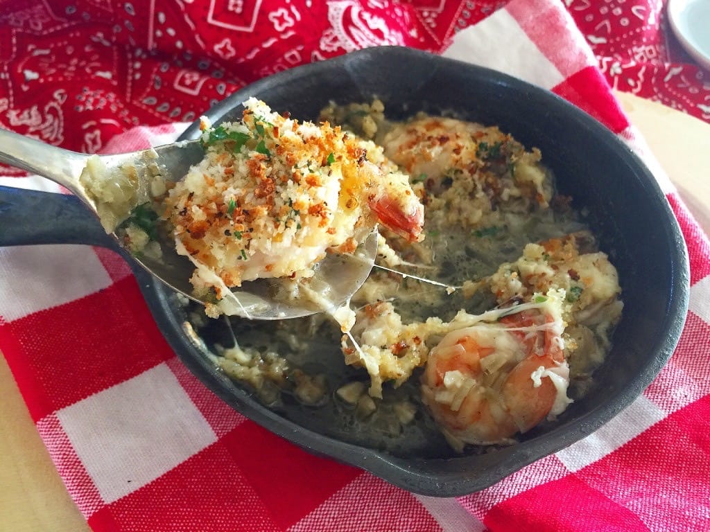 Cast Iron full of cooked shrimp
