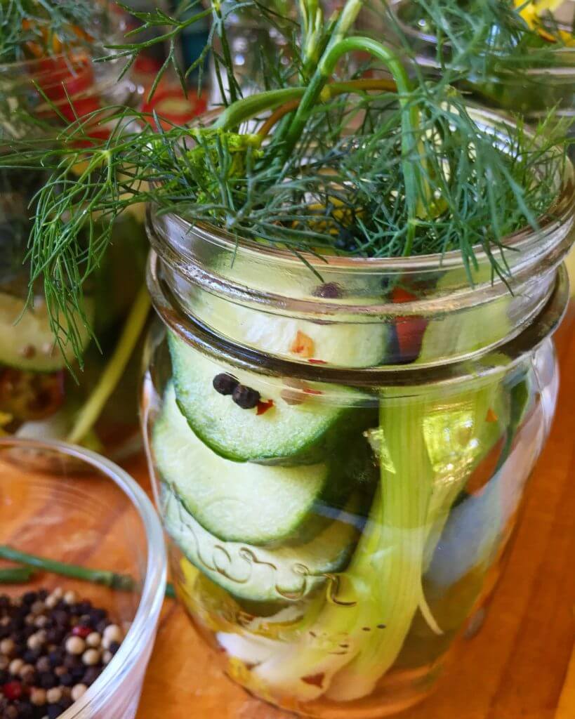Close-up of a jar filled with cucumber slices, fresh dill, and pickling spices, with a bowl of peppercorns nearby.