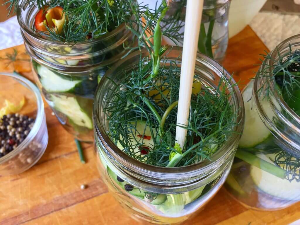 Jars of homemade pickles with fresh dill and spices on a wooden surface.