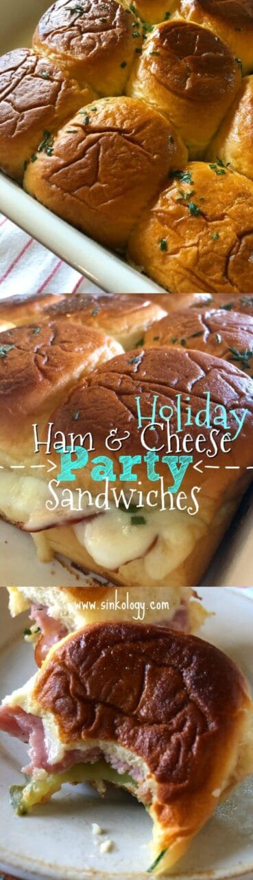 A collage of ham and cheese slider buns with the text "Holiday Ham & Cheese Party Sandwiches" and "www.sinkology.com." The images show golden-brown slider buns, melted cheese, and a bitten bun revealing the filling.