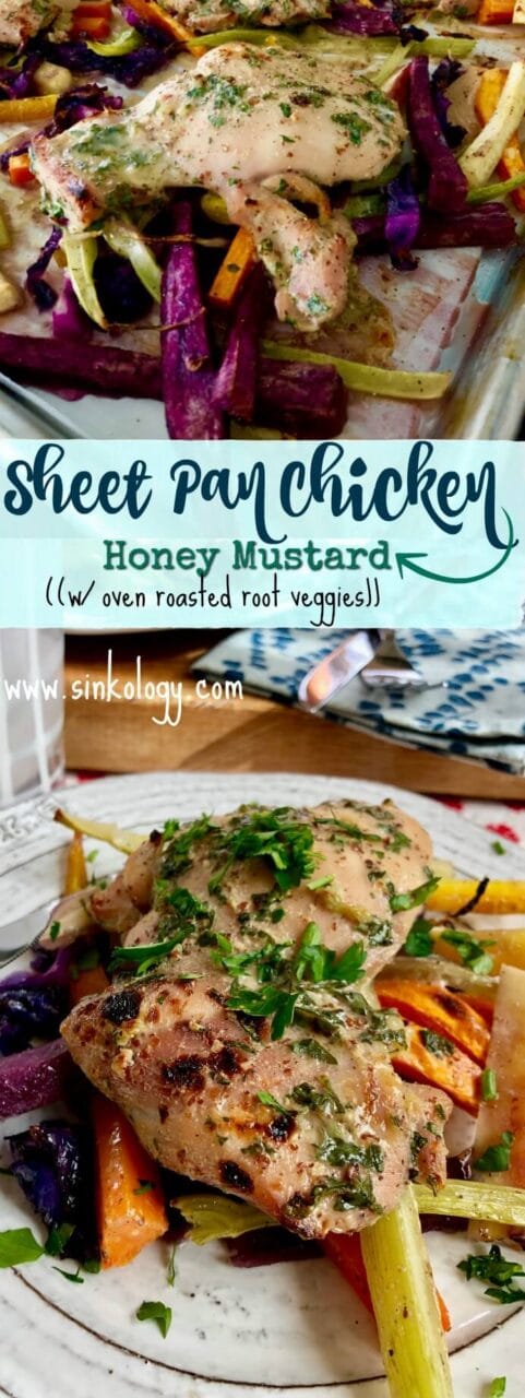 Honey mustard sheet pan chicken with oven-roasted root vegetables, garnished with fresh herbs.
