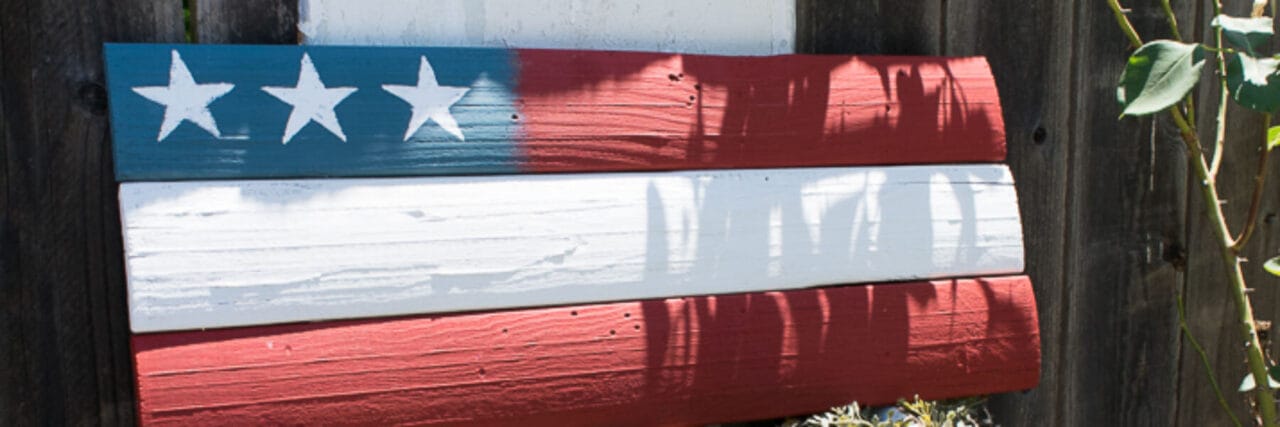 A wooden plank painted to resemble the American flag is mounted on a fence, with shadows of nearby plants cast across it.