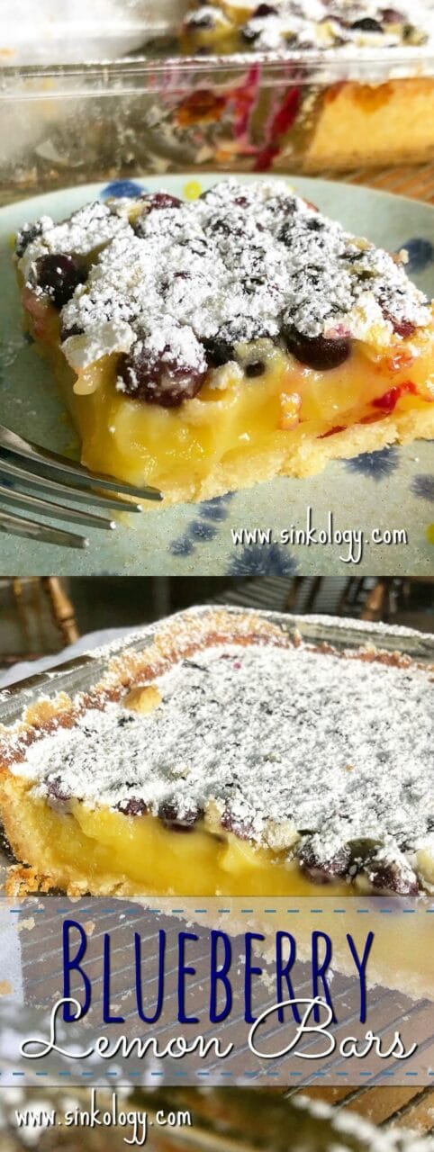 A collage of two images showcasing blueberry lemon bars dusted with powdered sugar, featuring the text "Blueberry Lemon Bars" and "www.sinkology.com" on the images.