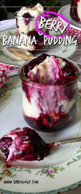 Glass jar filled with layers of creamy pudding, fresh banana slices, and vibrant berry compote. Text on image reads "Berry Banana Pudding" with "www.sinkology.com" at the bottom.
