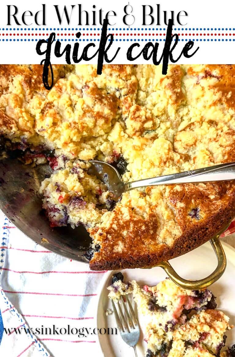 A serving of red, white, and blue quick cake with a fork on a plate, showing the website sinkology.com.