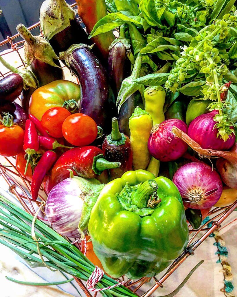 A basket filled with a variety of fresh vegetables, including eggplants, tomatoes, bell peppers, onions, chili peppers, and basil leaves.