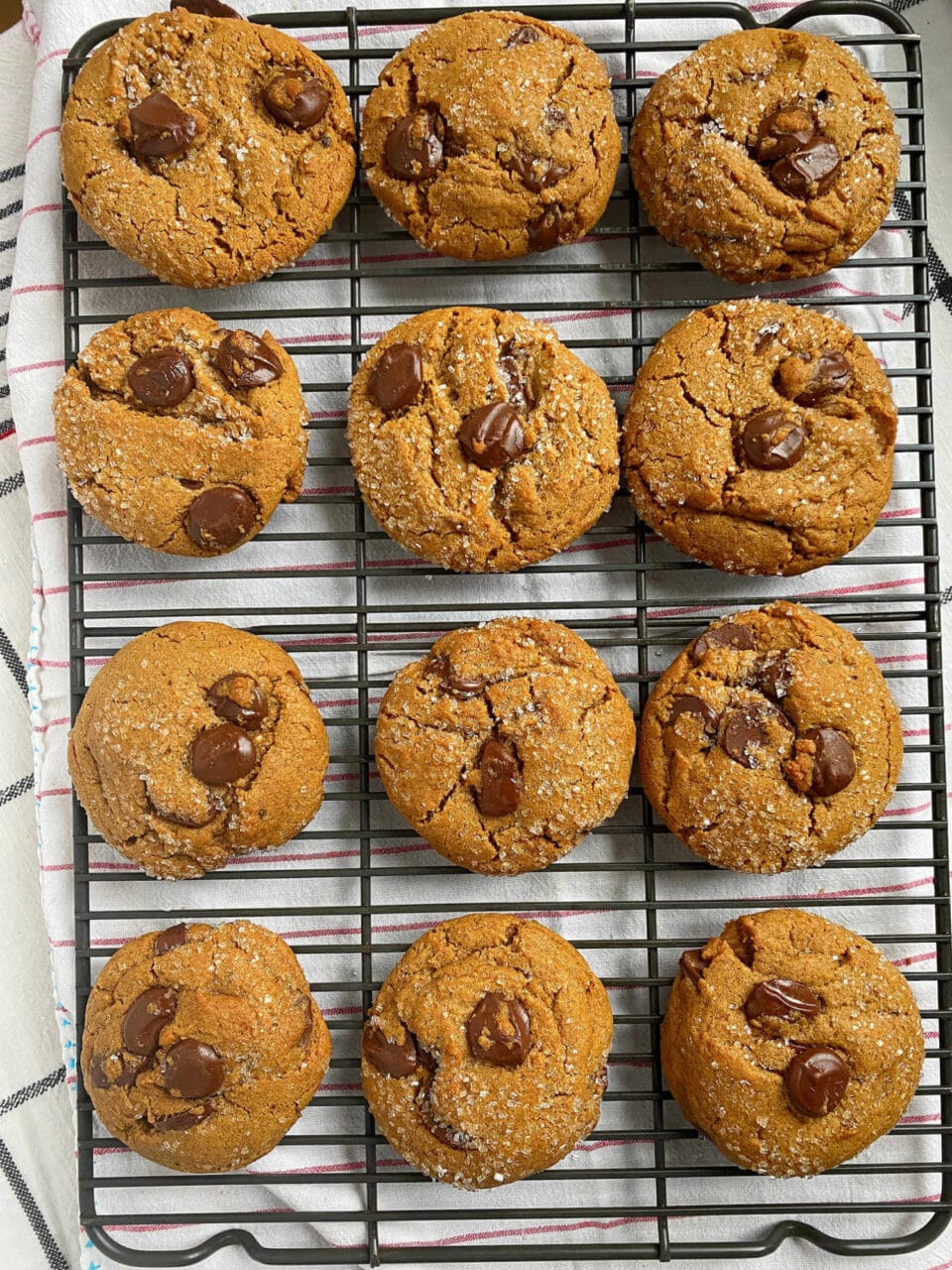 Overhead view of twelve freshly baked chocolate chip cookies cooling on a wire rack, with a light sprinkling of sugar on top.