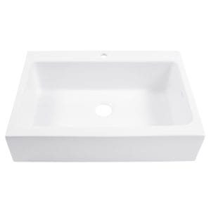 A glossy white rectangular Quick-Fit® drop-in farmhouse sink made in fireclay with 1 faucet hole and a 3.5" drain hole.