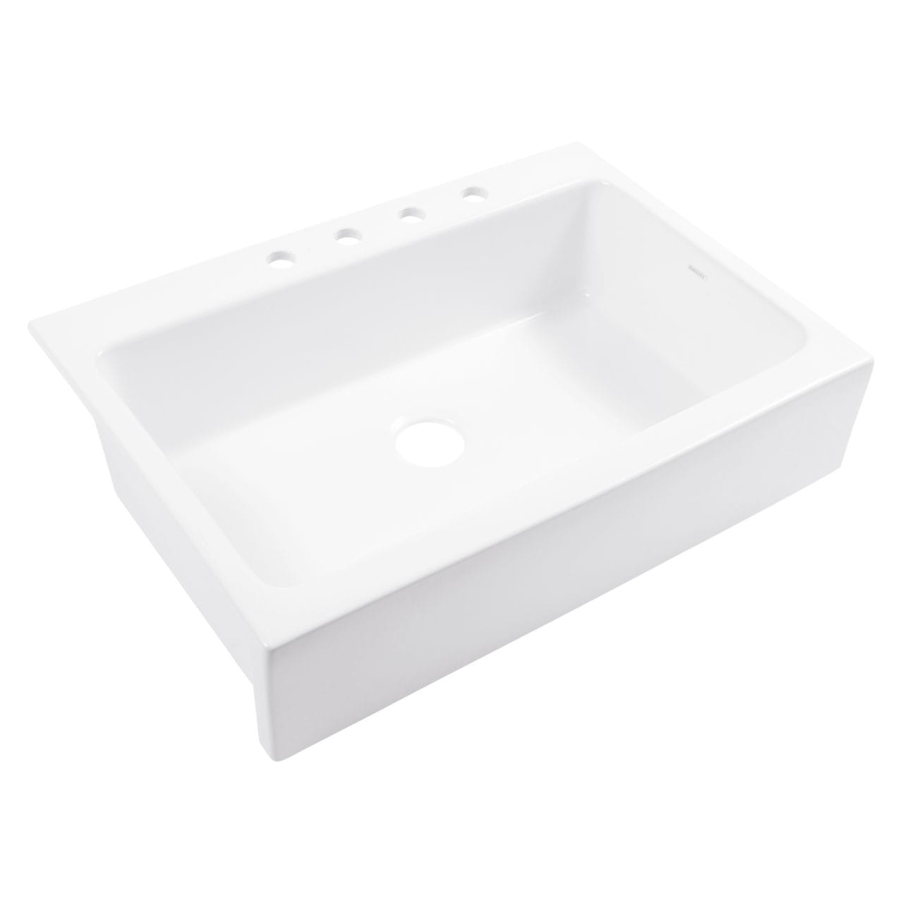 A glossy white rectangular Quick-Fit® drop-in farmhouse sink made in fireclay with 3 faucet holes and a 3.5" drain hole.