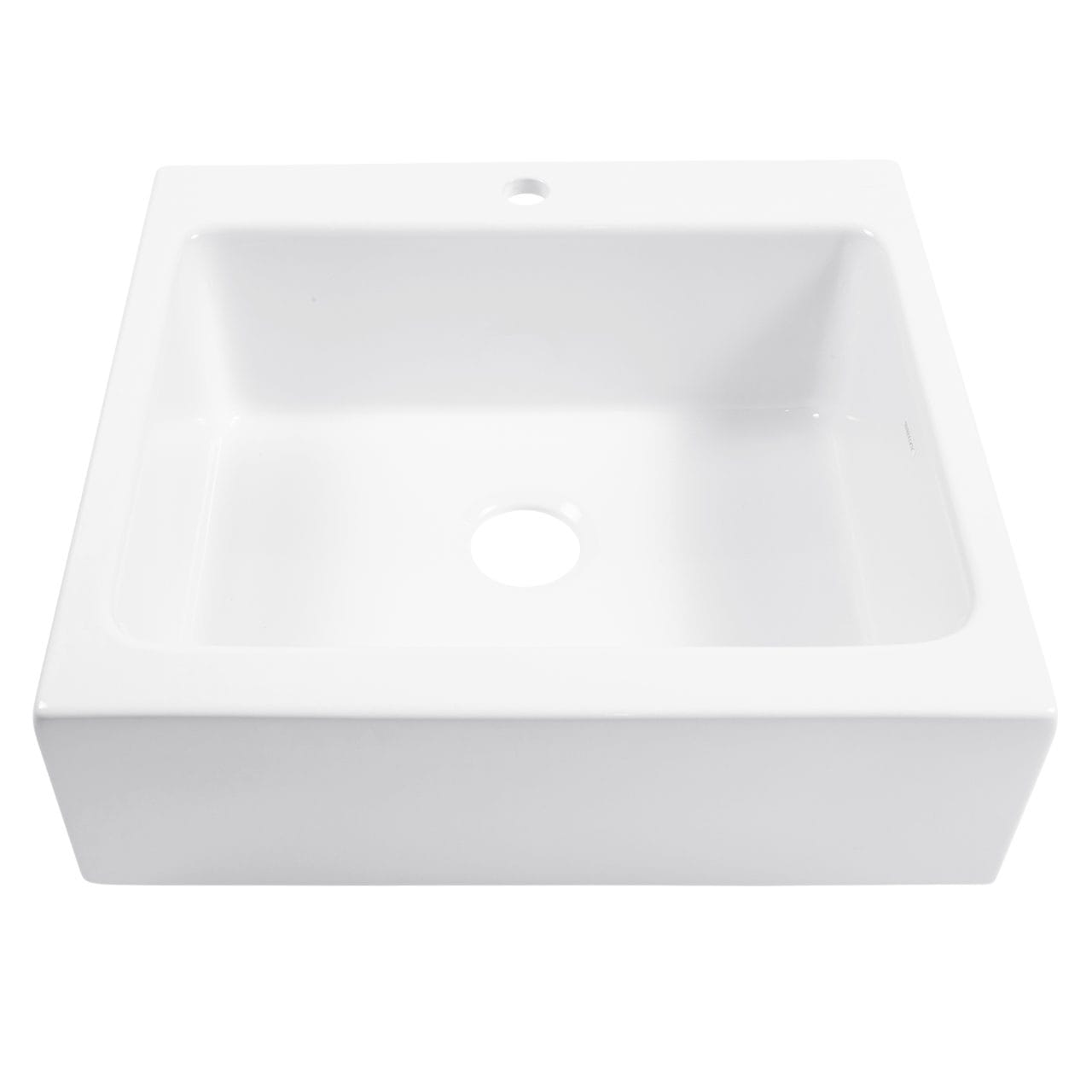 A glossy white rectangular Quick-Fit® drop-in farmhouse sink made in fireclay with 1 faucet hole and a 3.5" drain hole.