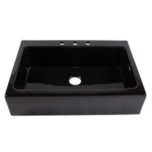 A glossy black rectangular Quick-Fit® drop-in farmhouse sink made in fireclay with 3 faucet holes and a 3.5" drain hole.