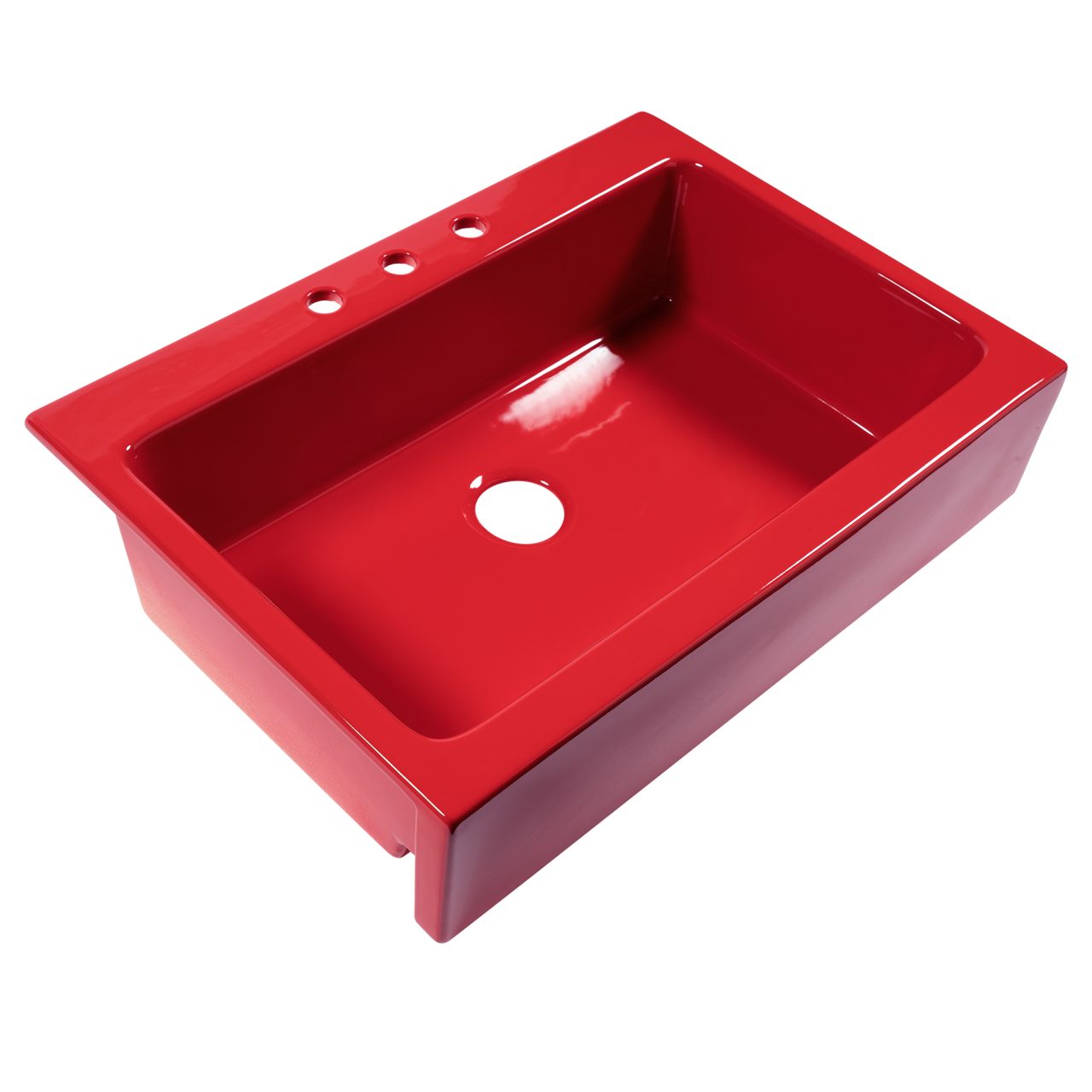 A glossy red rectangular Quick-Fit® drop-in farmhouse sink made in fireclay with 3 faucet holes and a 3.5" drain hole.