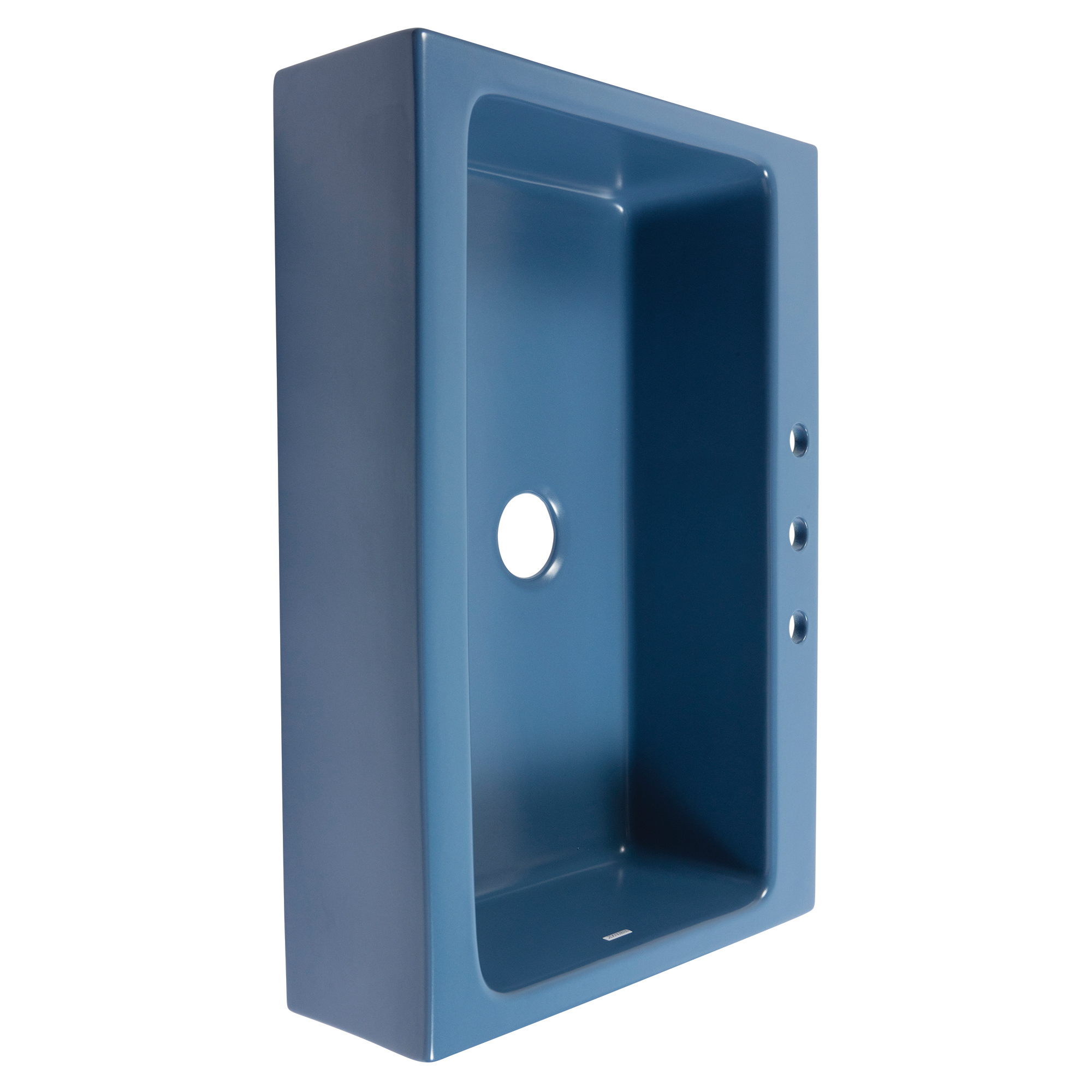 A matte blue rectangular Quick-Fit® drop-in farmhouse sink made in fireclay with 3 faucet holes and a 3.5" drain hole.