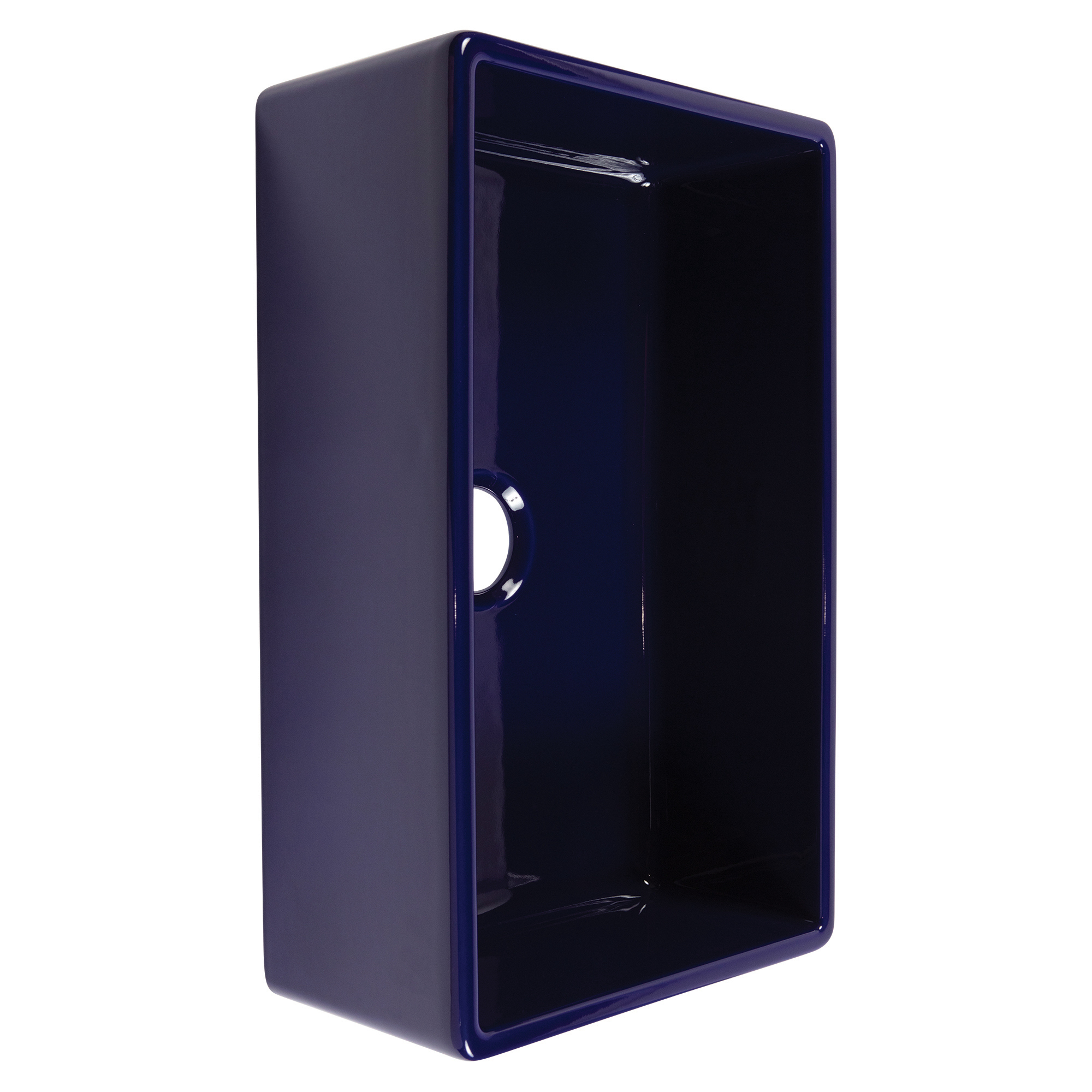 A glossy royal blue rectangular undermount farmhouse sink made in fireclay with a 3.5" drain hole.