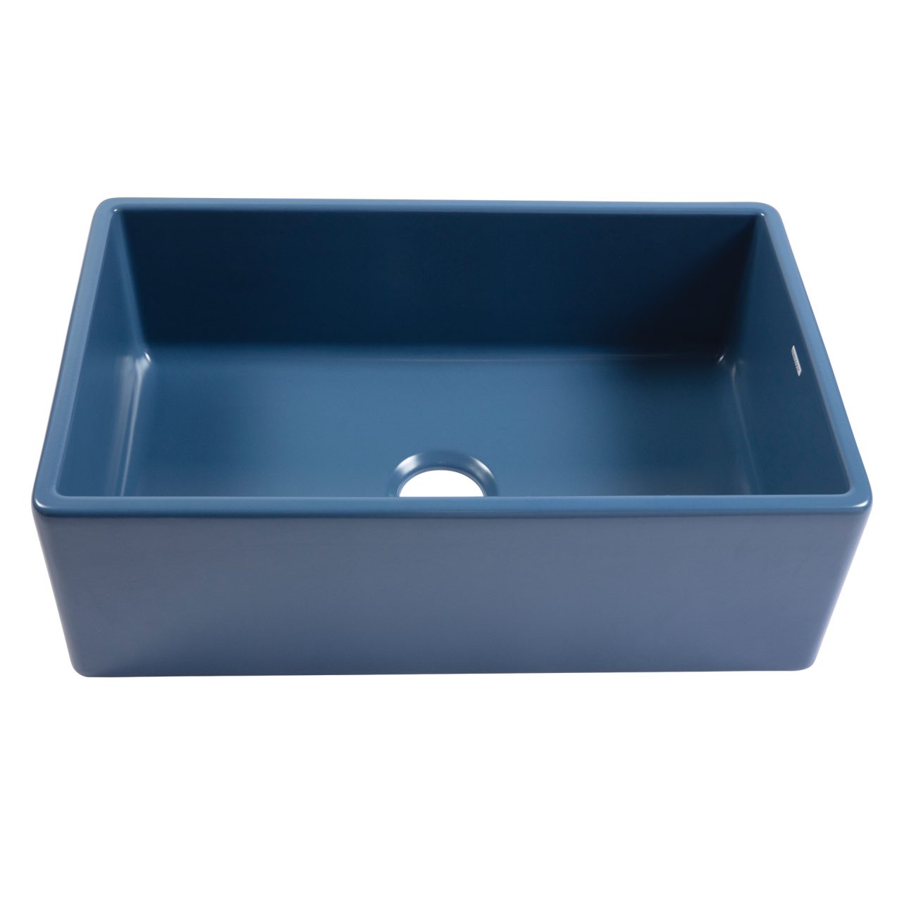 A matte blue rectangular undermount farmhouse sink made in fireclay with a 3.5" drain hole.