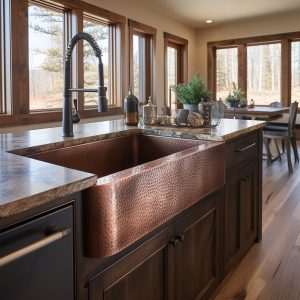 A copper rectangular undermount farmhouse sink in a modern farmhouse kitchen