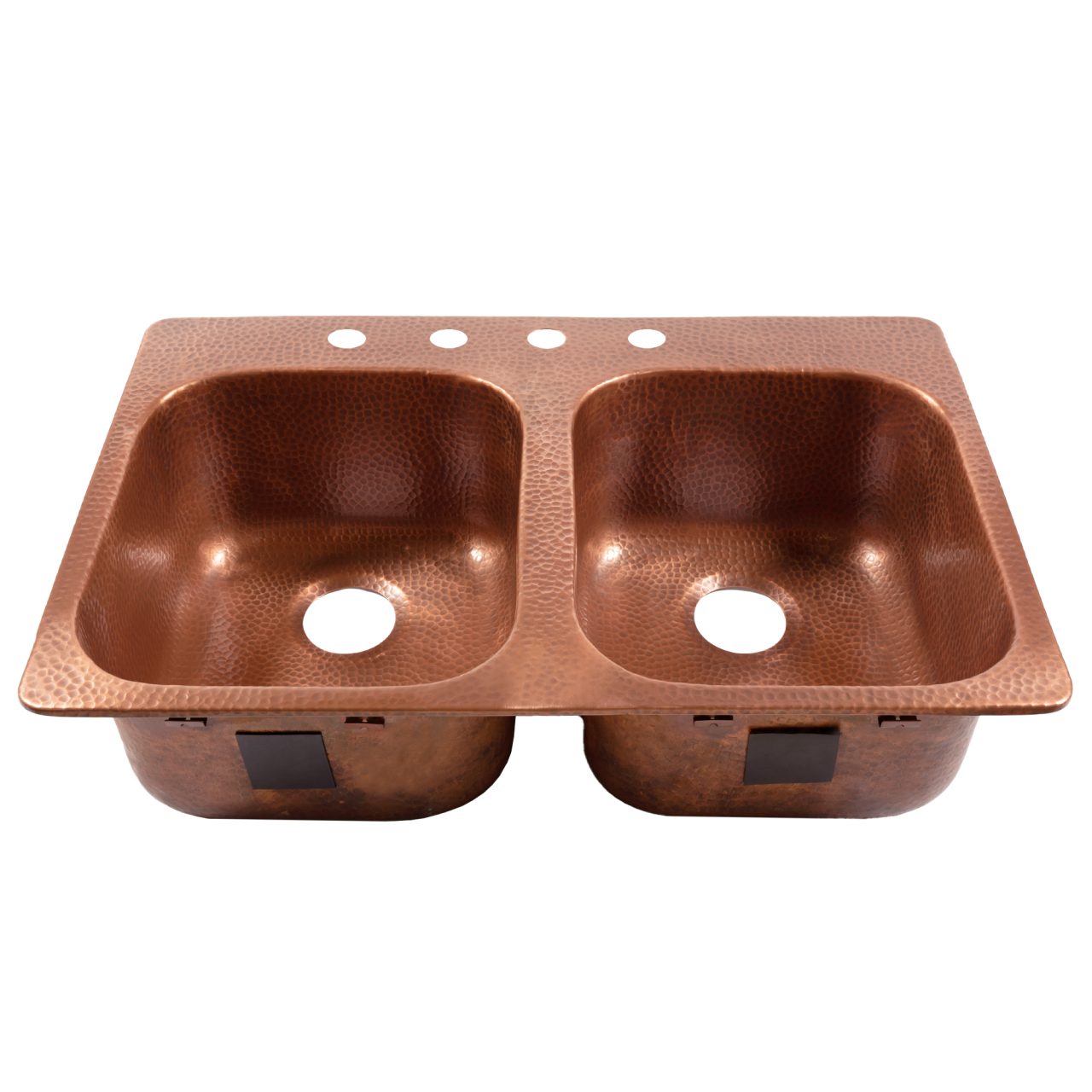 A copper rectangular drop-in double basin sink.