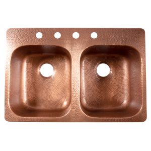 A copper rectangular drop-in double basin sink.