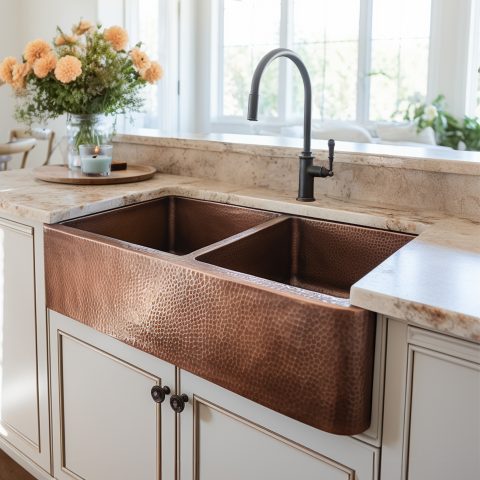 A copper rectangular undermount double basin farmhouse sink in a kitchen with flowers on the countertop