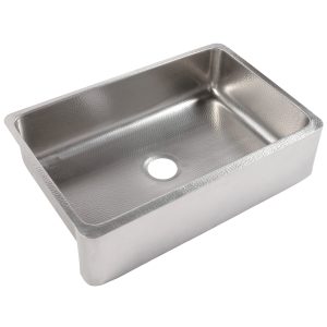 A hand hammered brushed stainless steel rectangular undermount farmhouse sink.