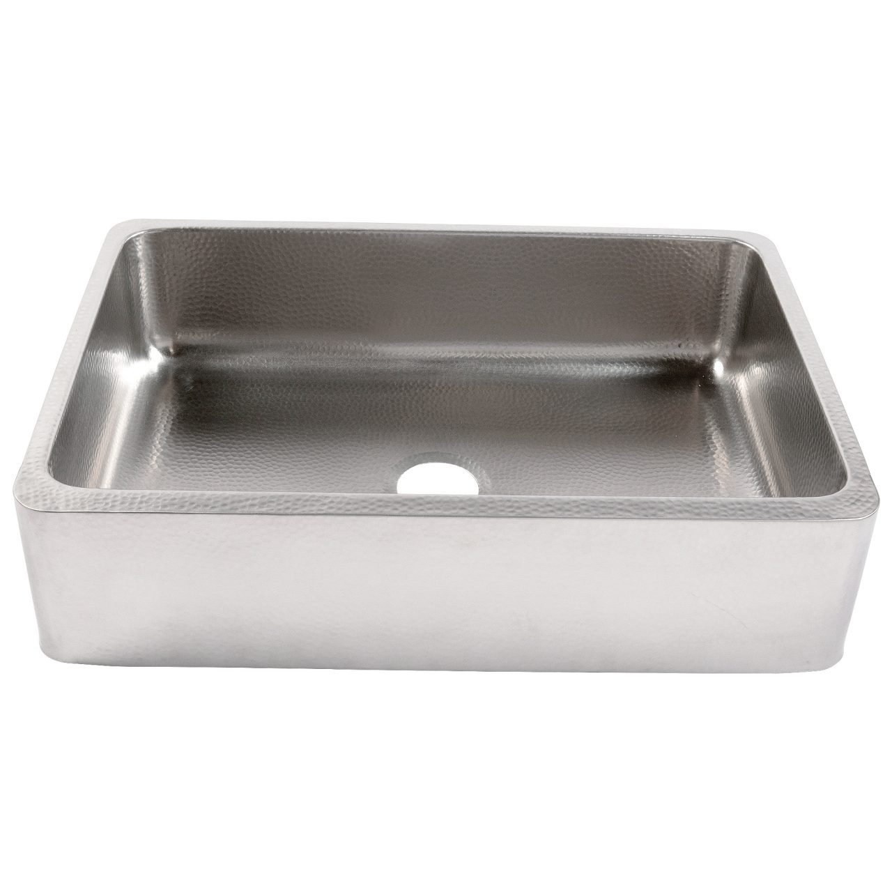 A hand hammered brushed stainless steel rectangular undermount farmhouse sink.