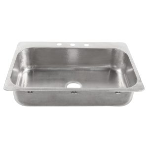 A hand hammered stainless rectangular drop-in sink.