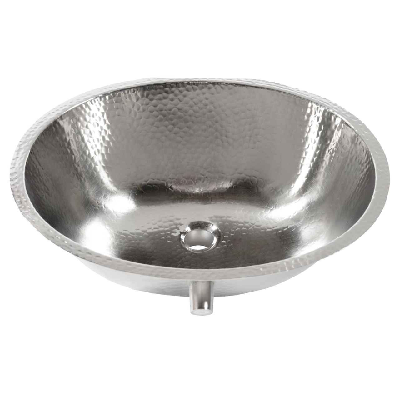 A hand hammered nickel undermount bathroom sink.