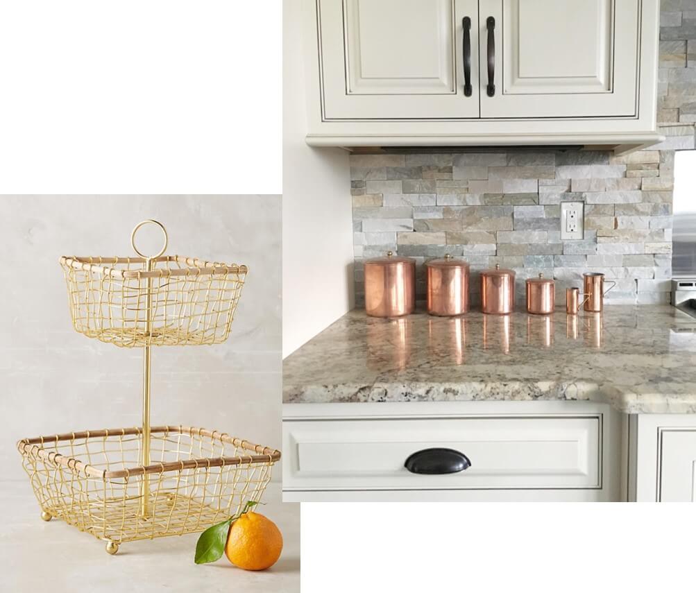 A split image featuring a two-tiered gold wire basket with an orange, and a farmhouse-style kitchen counter with a set of copper canisters against a stone backsplash and white cabinetry.