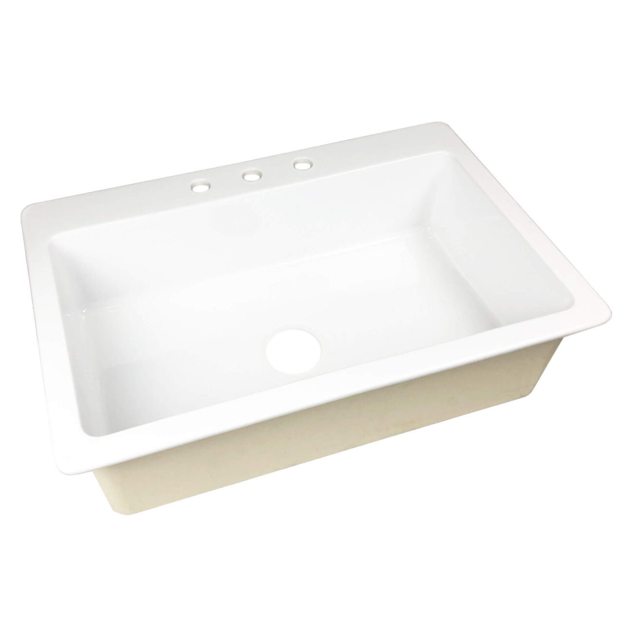 A white ceramic kitchen sink with three faucet holes and a smooth, glossy finish.
