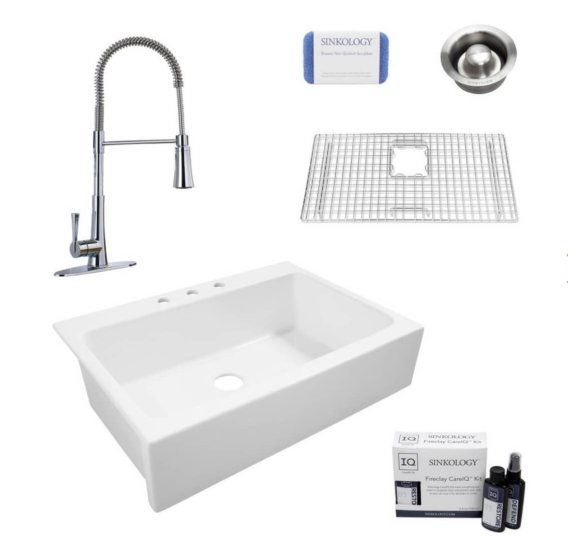 A kitchen sink installation kit including a farmhouse sink, a flexible faucet, a grid drain cover, a strainer, a scrubber, and a cleaning kit.