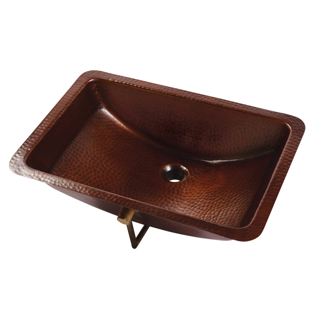 A hand hammered copper undermount bathroom sink.