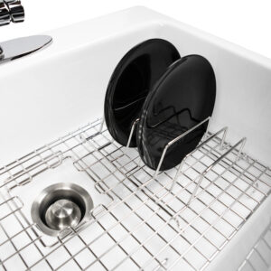 GridLogic Stainless Steel Organizer attached to a bottom grid in a kitchen sink