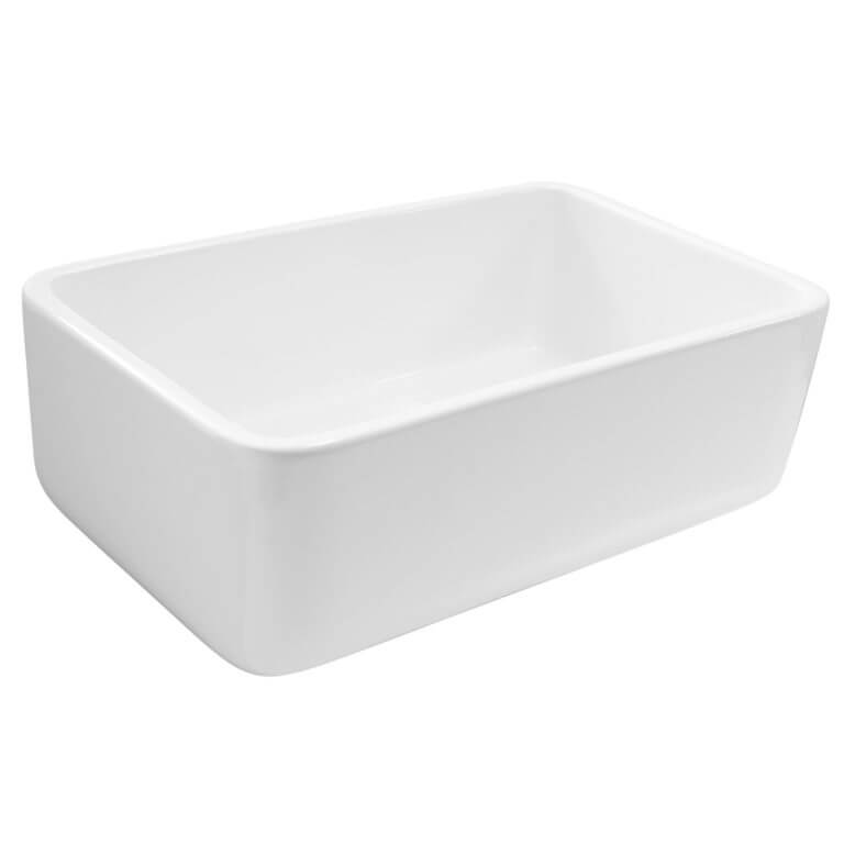 A white rectangular farmhouse sink with rounded corners.