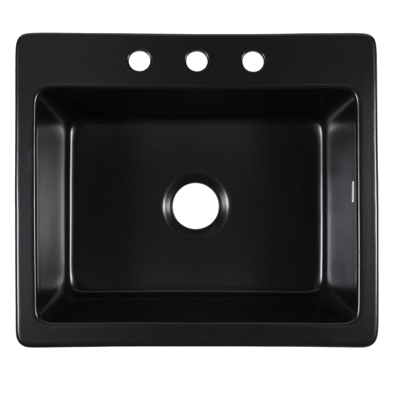 A black rectangular sink with three faucet holes and a central drain hole. The sink has a smooth, matte finish and a modern, sleek design.