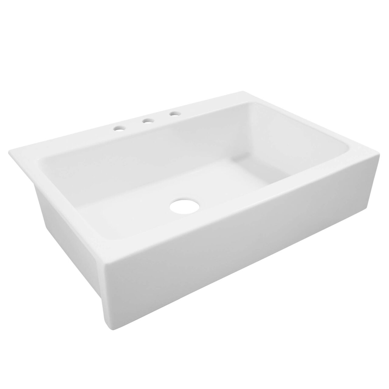 A white farmhouse kitchen sink with three faucet holes and a smooth, rectangular design.