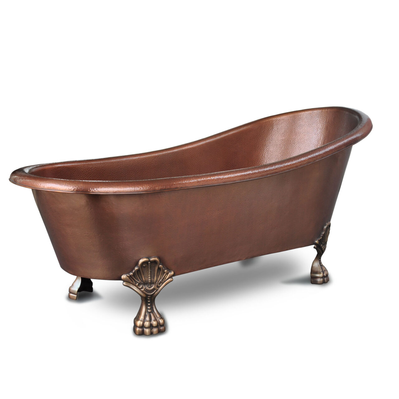 A hand hammered copper claw foot bath tub