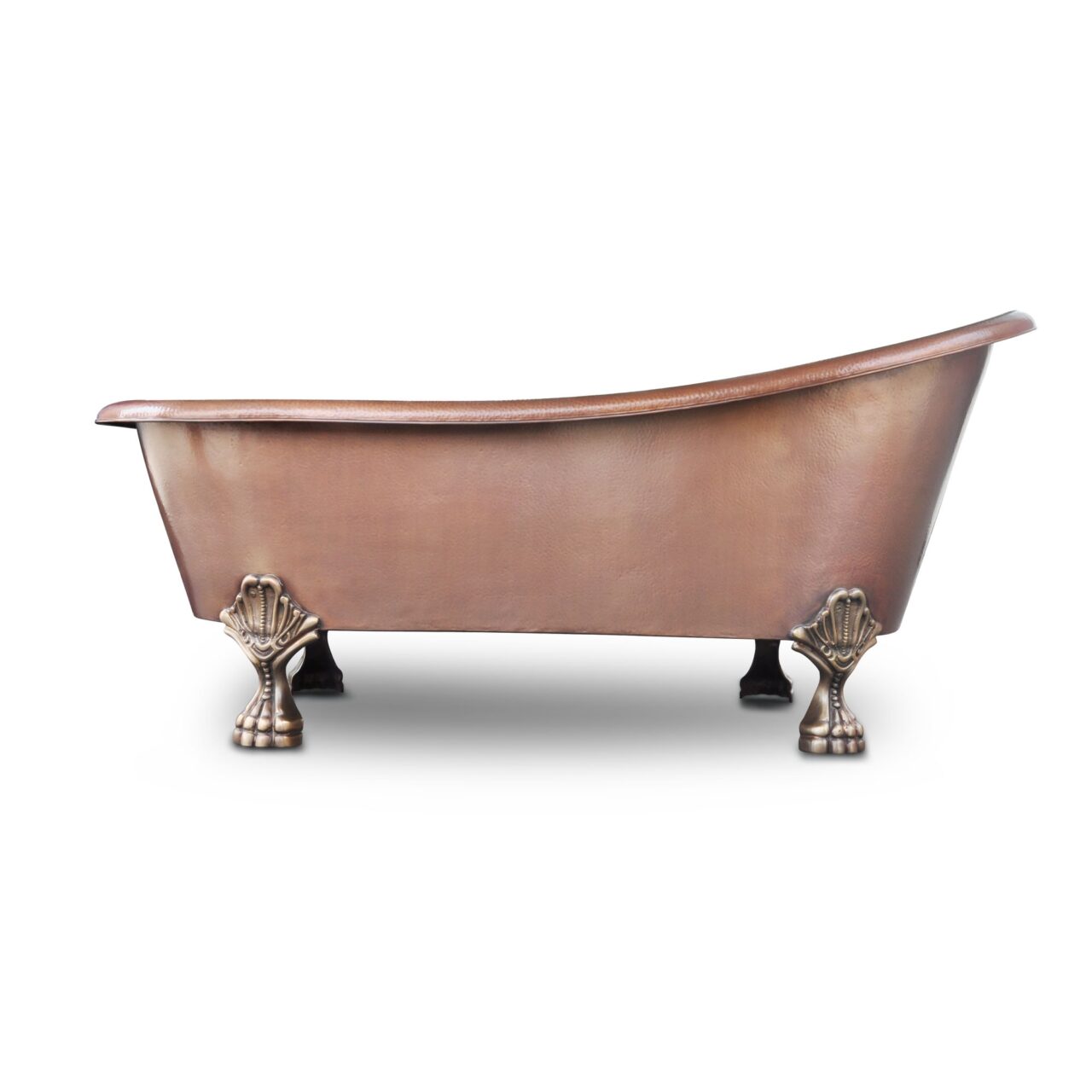 A hand hammered copper claw foot bath tub