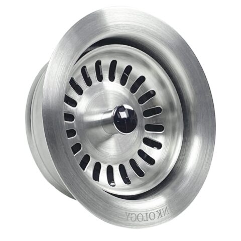 A stainless steel kitchen sink disposal drain.