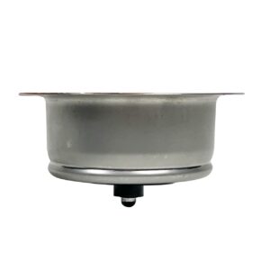 A stainless steel kitchen sink disposal drain.