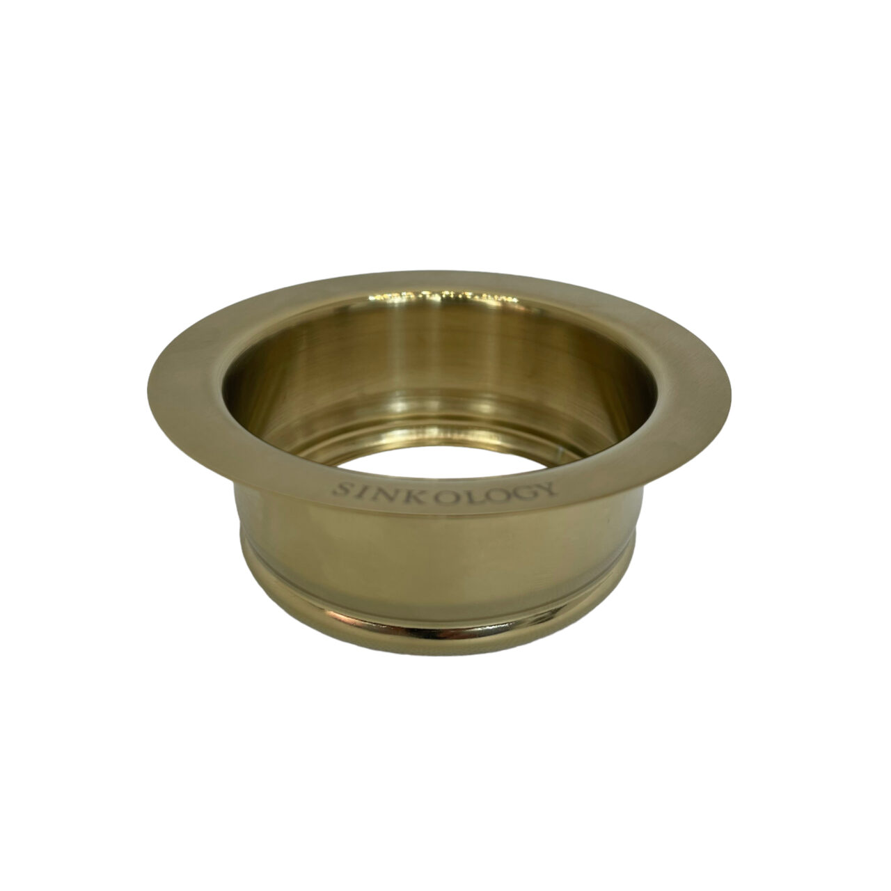 A polished brass sink drain collar with the brand name "Sinkology" engraved on the outer rim.