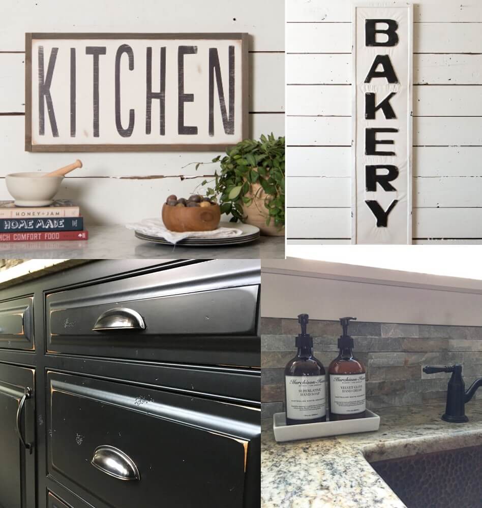 A collage of vintage kitchen decor, including a "KITCHEN" sign, a "BAKERY" sign, black cabinetry with silver handles, and a granite countertop with soap dispensers and a black faucet.