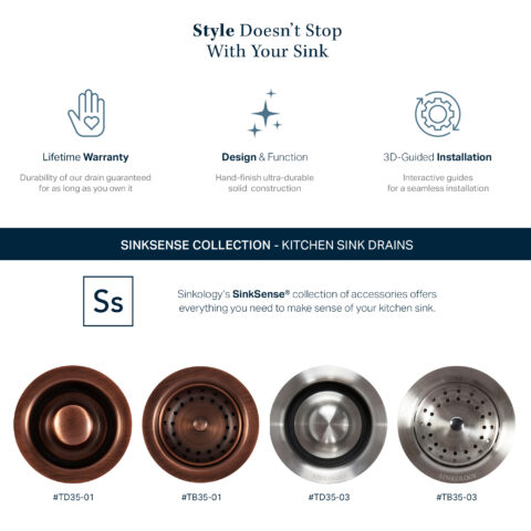 SinkSense Collection of Kitchen Sink 3.5" basket strainer drains and disposal flanges in antique copper and stainless steel finish