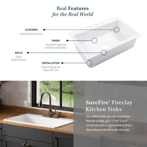 The image highlights SureFire® Fireclay Kitchen Sinks, featuring easy-to-clean corners, durable and dense material, a thick fireclay build, and a drop-in installation design for easy DIY projects. It also mentions the high-temperature firing process that adds strength to the sink.
