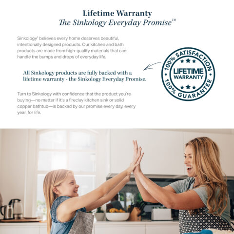 The image highlights Sinkology's lifetime warranty, ensuring all products are backed by a lifetime guarantee. It emphasizes the durability of their kitchen and bath products and features a 100% satisfaction guarantee seal.