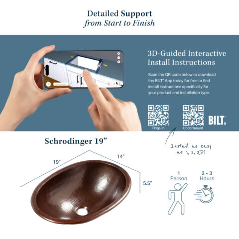 The image highlights the Schrodinger 19" sink with SKU number SB202 19AG, providing its dimensions (19" x 14" x 5.5") and emphasizing the ease of installation using 3D-guided interactive instructions via the BILT app. The installation is designed to be completed by one person in about two-three hours.