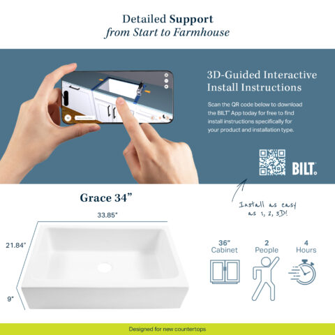 The image promotes the Grace 34" Single sink by Sinkology, with SKU number SK451 34FC . Highlighting its easy installation, 3D guided instructions via the BILT app. Including sink's dimensions and mentions that it requires a 36" cabinet, can be installed by two persons in approximately 4 hours.