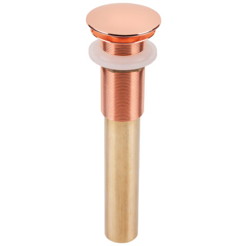 A copper pop-up drain assembly with a polished finish and brass base, designed for sink installation.