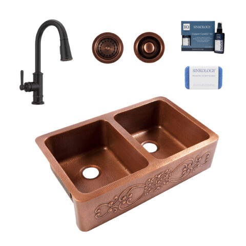 Ganku 36″ Double Bowl Copper Sink with Bronze Port Haven Faucet