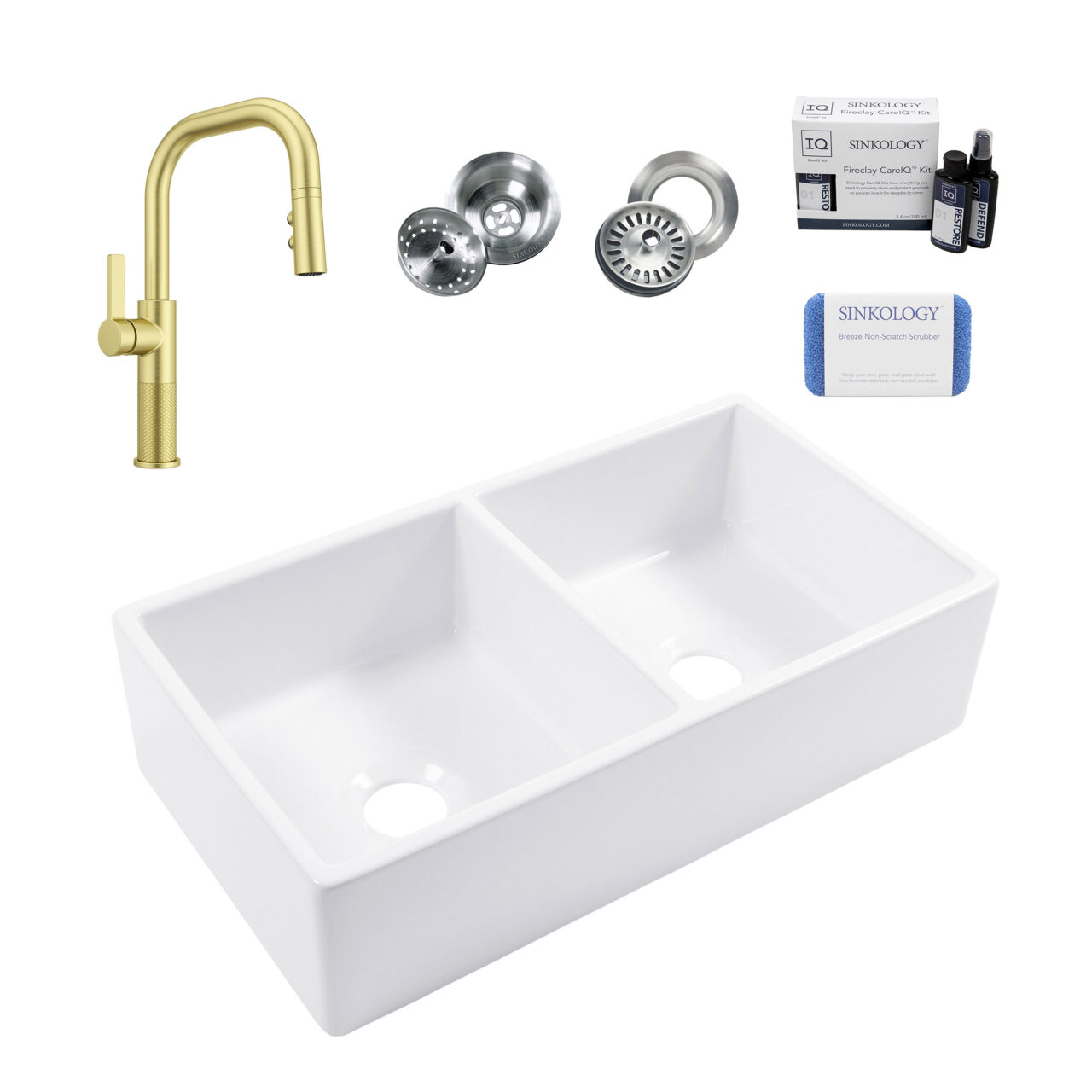 Turner 33" Double Bowl Fireclay Sink with Gold Montay Faucet
