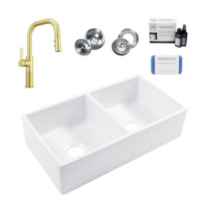 Turner 33" Double Bowl Fireclay Sink with Gold Montay Faucet
